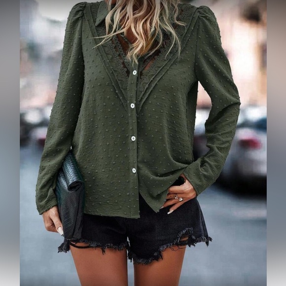 Luxe olive green  button down shirt - Picture 2 of 5